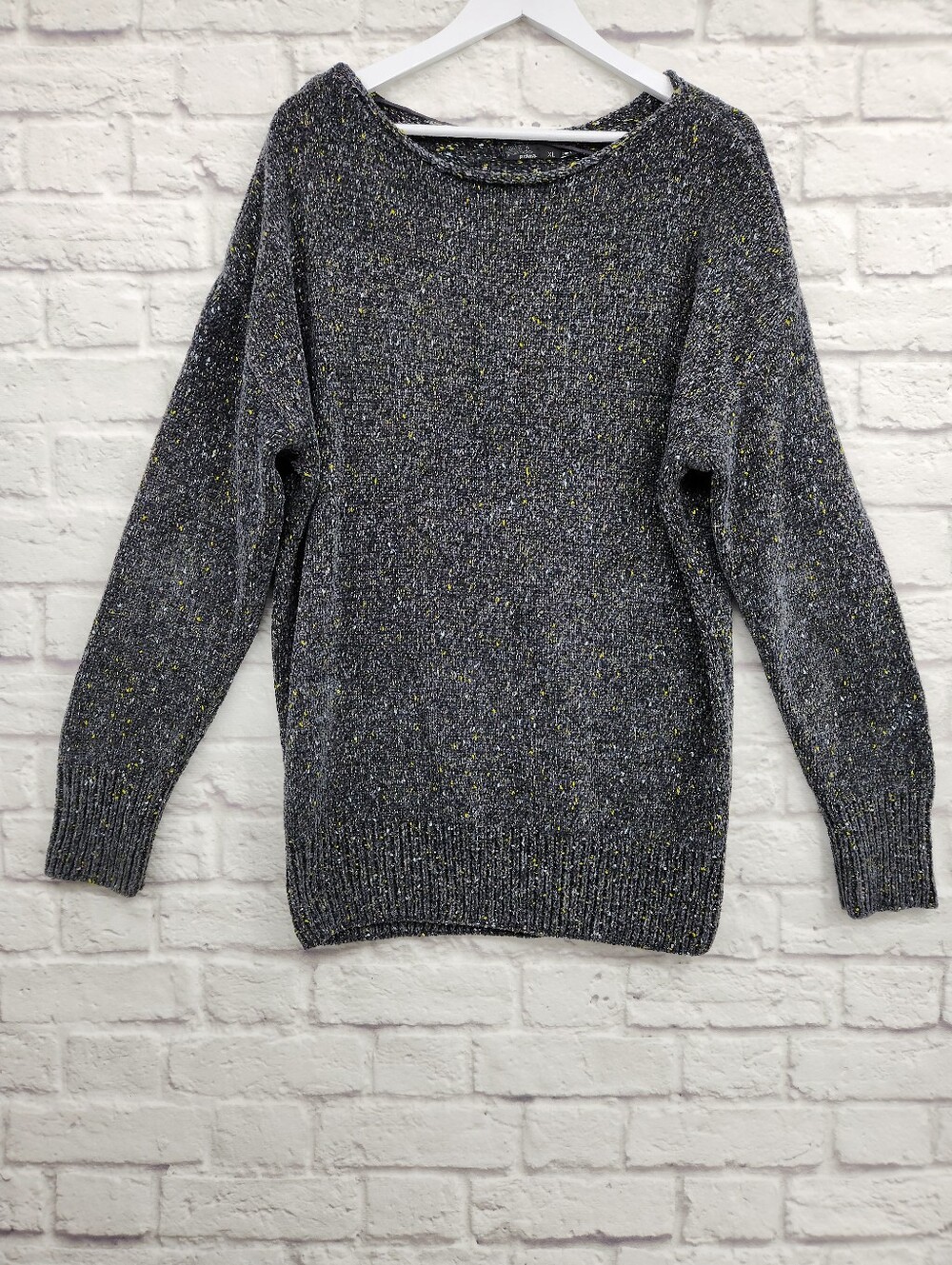 prAna Textured Speckled Knit Sweater XL Gray Boat Neck Relaxed Cozy Sustainable